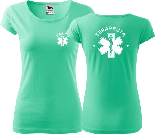 Koszulka medyczna damska typu PURE kolor miętowy nadruk Terapeuta  07 AlleKoszulki Odzież Medyczna Wałbrzych.jpg