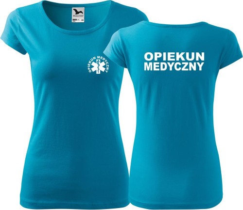 Koszulka medyczna damska PURE kolor turkusowy nadruk Opiekun Medyczny 04a AlleKoszulki Odzież medyczna.jpg