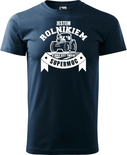 Koszulka dla rolnika z zabawnym nadrukiem Jestem Rolnikiem a jaka jest Twoja super moc? Kolor granatowy.