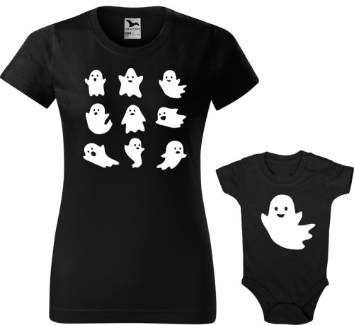 Zestaw koszulka damska i body dziecięce, kolor czarny, nadruk Duszki, AlleKoszulki Halloween Koszulki z nadrukiem.jpg