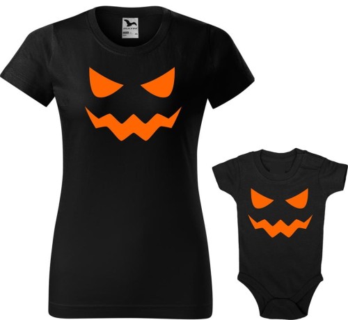 Zestaw koszulka damska i body dziecięce, kolor czarny, nadruk Dynie, AlleKoszulki Halloween Koszulki z nadrukiem.jpg