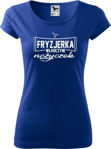 prezent dla fryzjerki koszulka dla fryzjerki z nadrukiem kolor chabrowy