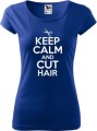 Prezent dla fryzjerki koszulka ze śmiesznym nadrukiem Keep Calm and Cut Hair kolor kolor chabrowy