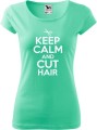 Prezent dla fryzjerki koszulka ze śmiesznym nadrukiem Keep Calm and Cut Hair kolor miętowy