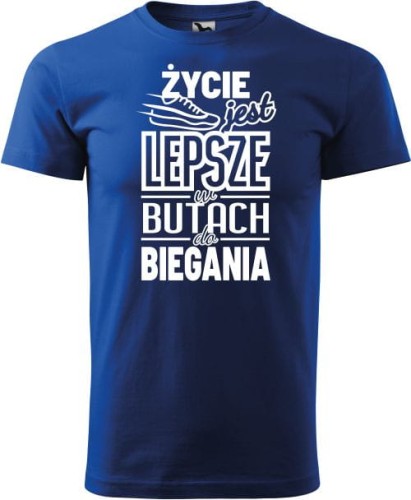 Koszulka dla biegacza z nadrukiem Życie jest lepsze w butach do biegania kolor chabrowy