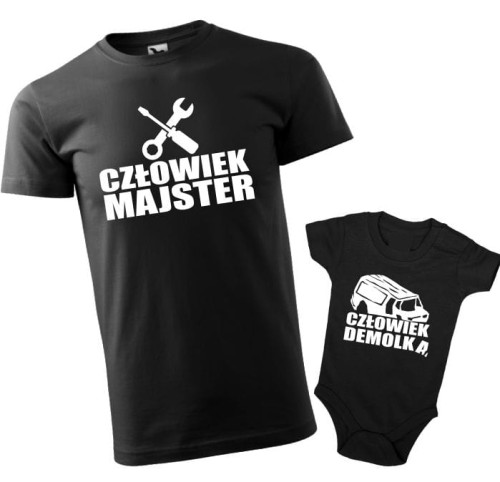 Zestaw koszulki dla taty i body dla syna. Człowiek majster i człowiek demolka. Kolor czarny
