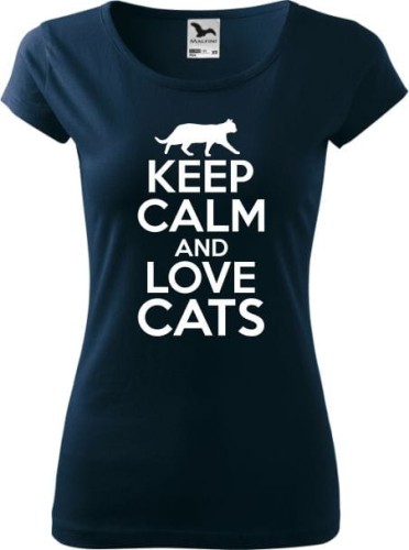 Koszulka dla kociary z nadrukiem Keep Calm and Love Cats kolor granatowy