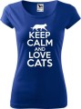 Koszulka dla kociary z nadrukiem Keep Calm and Love Cats kolor chabrowy