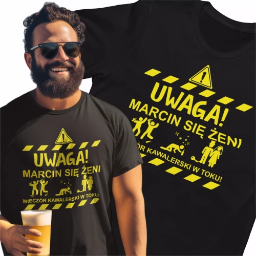 Koszulka Uwaga Pan Młody Się żeni dowolne imię koszulka na wieczór kawalerski dla ekipy pana młodego