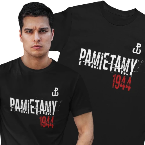 Męska Koszulka Patriotyczna Powstanie Warszawskie 1944 Pamiętamy Polska Walcząca kolor czarny