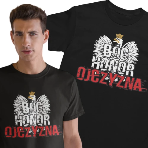 Koszulka Patriotyczna czarna męska z nadrukiem Bóg Honor Ojczyzna i Godłem Polski