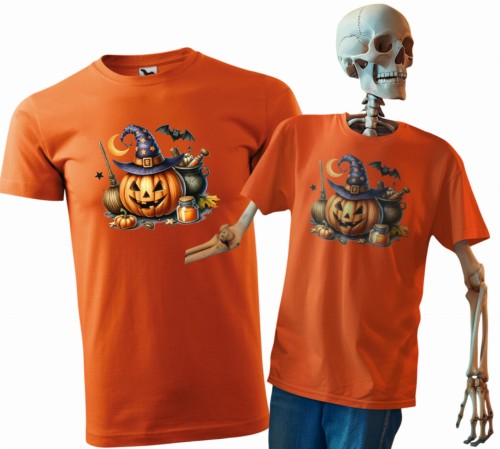 Koszulka męska t-shirt kolor pomarańczowy nadruk Dynia Kociołek AlleKoszulki Halloween Koszulki z nadrukiem.jpg
