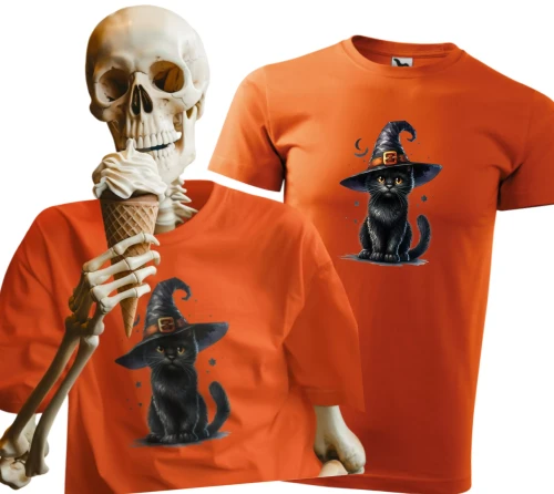 Koszulka męska t-shirt kolor pomarańczowy nadruk Czarodziejski Kot AlleKoszulki Halloween Koszulki z nadrukiem.jpg