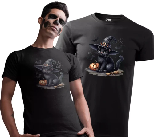 Koszulka męska t-shirt kolor czarny nadruk Magiczny Kot AlleKoszulki Halloween Koszulki z nadrukiem.jpg