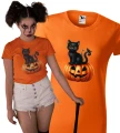 Koszulka damska pomarańczowa halloween z nadrukiem dyni i kota