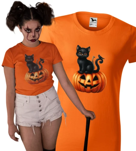 Koszulka damska pomarańczowa halloween z nadrukiem dyni i kota