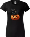 Koszulka damska czarna halloween z nadrukiem dyni i kota