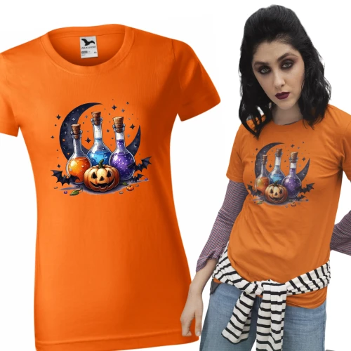 Damska koszulka halloween pomarańczowa z nadrukiem eliksirów