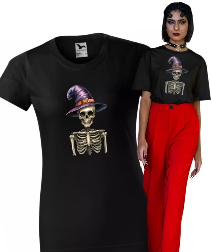 Damska koszulka czarna halloween z nadrukiem kościotrupa czarodzieja