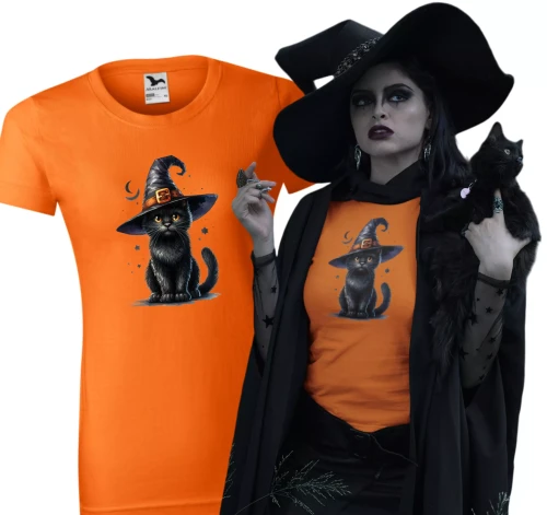 Damska koszulka pomarańczowa halloween z nadrukiem kot czarodziej