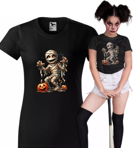 Damska koszulka czarna halloween z nadrukiem mumi