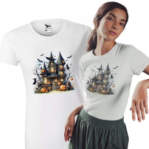Damska koszulka biała halloween z nadrukiem magicznego dworu