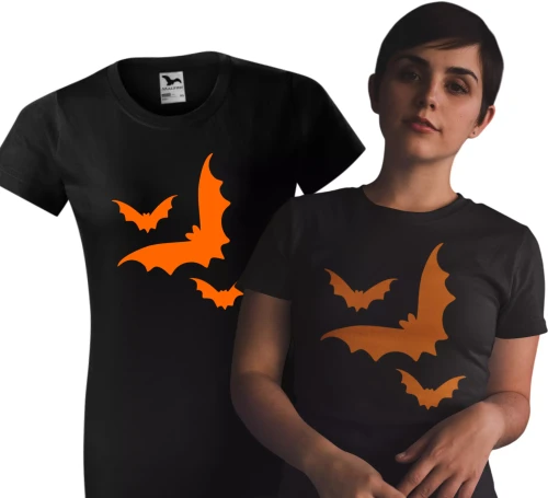 Damska koszulka czarna halloween z nadrukiem nietoperzy