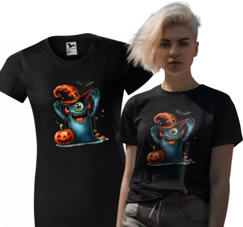 Damska koszulka czarna halloween z nadrukiem uroczy potwór