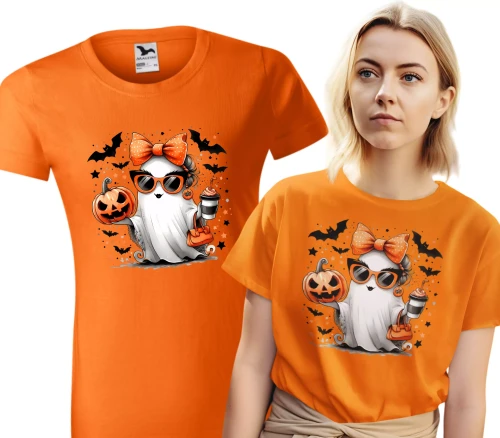 Damska koszulka pomarańczowa halloween z nadrukiem uroczy duszek