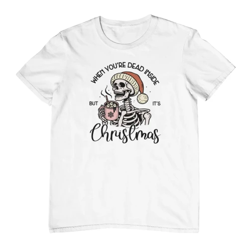 Biała świąteczna koszulka damska z nadrukiem skeleton christmas