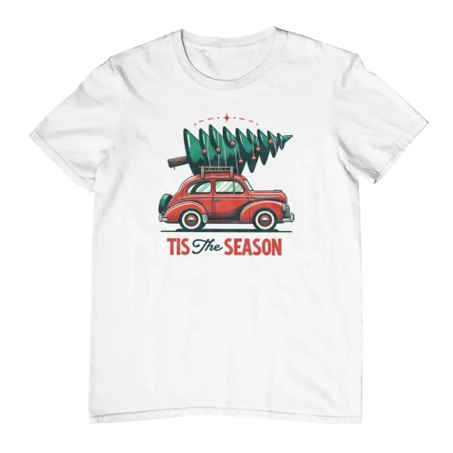 Biała męska koszulka świąteczna z nadrukiem car tree