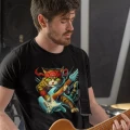 Koszulka dla gitarzysty z nadrukiem kolorowego kota grającego na gitarze