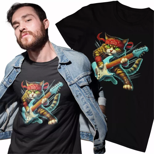 Koszulka dla gitarzysty z nadrukiem kolorowego kota grającego na gitarze