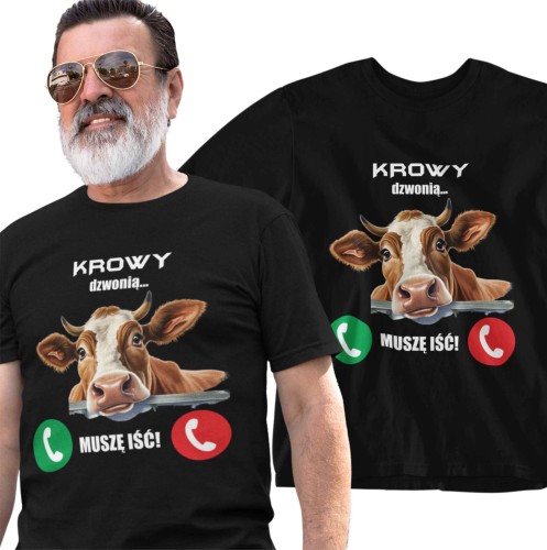Męska Koszulka dla Rolnika - Krowy Dzwonią Muszę Iść - kolor czarny