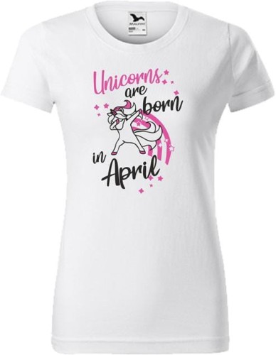 Koszulka damska z nadrukiem Unicorns are born in April kolor Biały AlleKoszulki Super Prezent na Urodziny.jpg